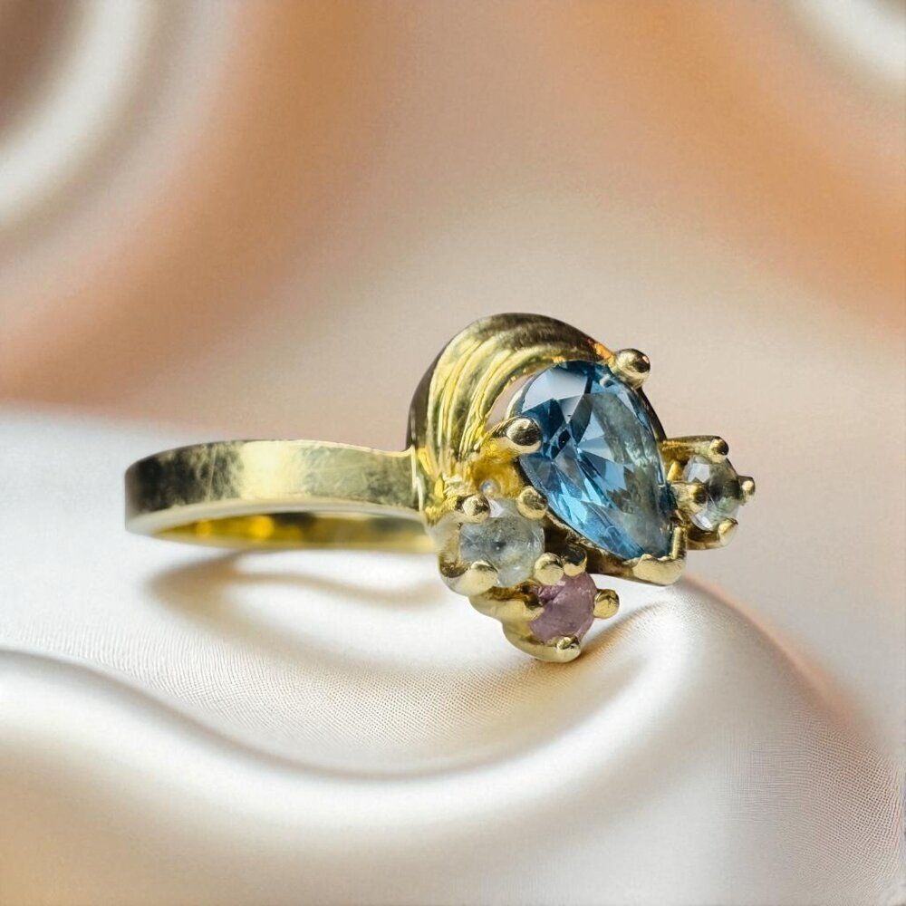 10K Gold- Natural Cobalt Blue Spinel Ring sz 8- 3/4CT Pear Cut Rainbow Ring 2.4g - Picture 14 of 16